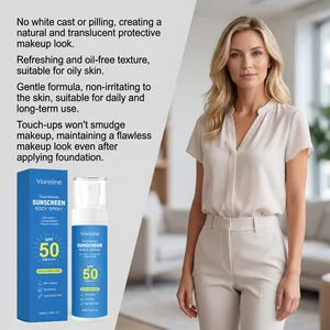 Professional Viareline SPF 50 mineral sunscreen spray details with non-greasy formula
