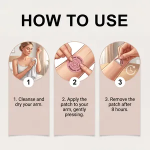 Three-step illustration guide for applying berberine skin care patches to the arm