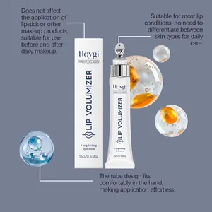 Hoygi collagen lip volumizer detail showing packaging and non-sticky gloss texture