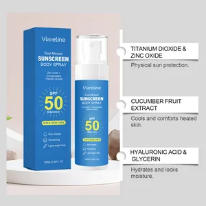 Detail of Viareline mineral sunscreen spray highlighting cucumber and glycerin ingredients