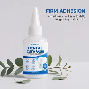 Feimuko dental care glue bottle with eucalyptus leaves background and firm adhesion text