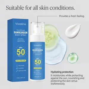 Close-up detail of Viareline mineral sunscreen body spray bottle, box and fresh textures.