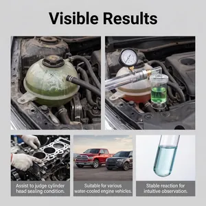 Detail view showing a professional cylinder head leak tester tool for water-cooled engines.