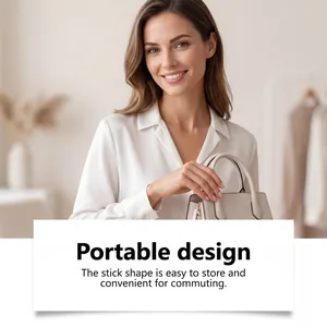 Close-up detail of a portable body deodorant stick being placed into a stylish handbag.