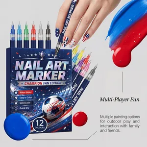 Primer plano de 12 rotuladores de nail art con tema de fútbol para diseños DIY festivos