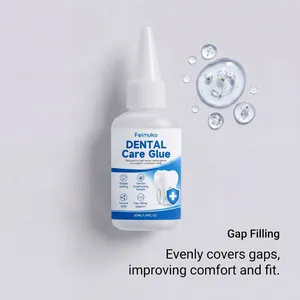 Detailed view of Feimuko dental care glue showing gap-filling benefit for denture comfort