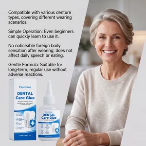 Feimuko Dental Care Glue 50ml kit shown with features and a smiling elderly woman model