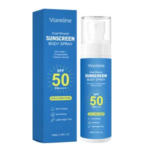 Viareline SPF 50 Mineral Sunscreen Body Spray with zinc oxide, 100ml bottle and box