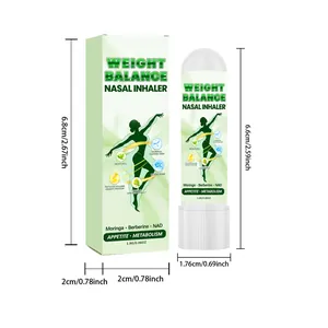 Dimensions détaillées du produit pour l'inhalateur nasal Weight Balance et sa boîte.