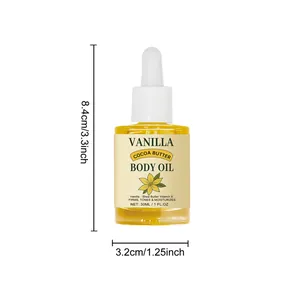 Detalle de aceite corporal de vainilla 30ml con medidas de 8,4cm alto y 3,2cm ancho