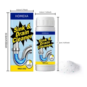 HOMEXA sink and drain cleaner powder with precise dimensions of the box and bottle view