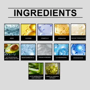 Detailed list of ingredients for hair removal cream featuring aloe and shea butter