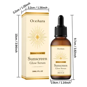 Macro view showing specific OCEAURA Sunscreen Glow Serum 30ml bottle and packaging dimensions