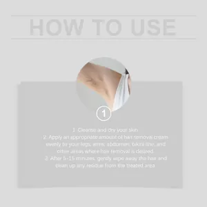 Detailed three-step instruction guide for using gentle hair removal cream on body skin