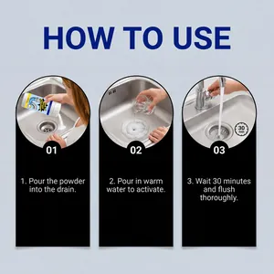 Step-by-step instructions for HOMEXA drain cleaner powder usage in kitchen sink