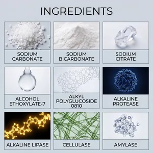 Detailed ingredient infographic for pipe declogger with enzymes and sodium carbonate.