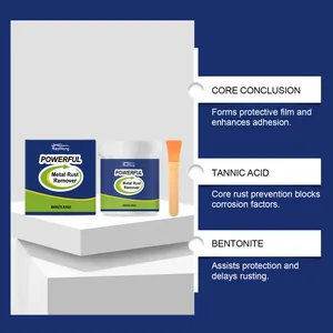 Detailed view of metal rust remover featuring tannic acid and bentonite ingredients.