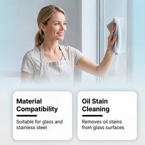 Détail du nettoyant pour verre et inox montrant la compatibilité des matériaux pour surfaces