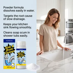 Professional macro detail view of HOMEXA sink and drain cleaner powder in a kitchen sink