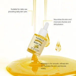 Detalle de 30ml de aceite corporal de vainilla y cacao con gotero y textura dorada.