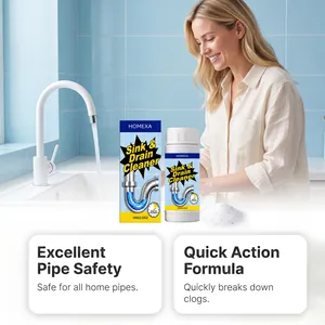 HOMEXA sink and drain cleaner powder shown in a modern kitchen for fast clog removal.