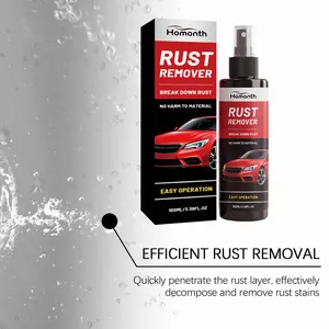 Detailopname van Homonth roestverwijderaar fles en verpakking met waterspateffect