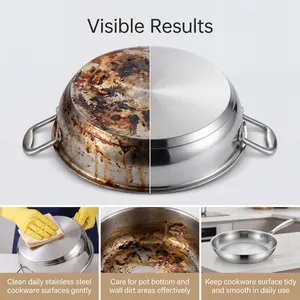 Detailed before and after cleaning results for burnt stainless steel cookware surfaces
