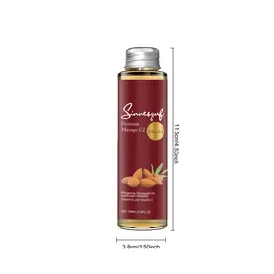 Detailed view of almond massage oil bottle showing 100ml capacity and dimensions