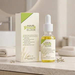Detalle del frasco de elixir herbal para el crecimiento del cabello y su envase.