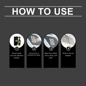 Visual guide showing four steps to use Jakehoe glue removal spray on car glass surfaces.