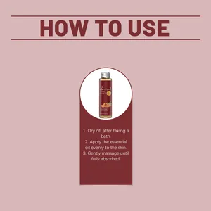 Step-by-step usage guide for applying moisturizing almond massage oil after a bath.