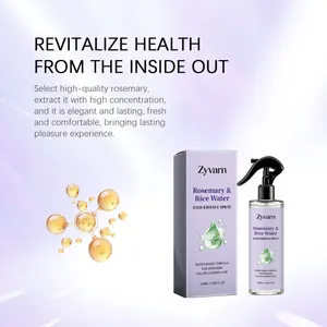 Display dettagliato dello spray per capelli Zyvarn Rosemary Rice Water con grafica molecolare.