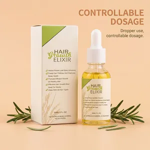 Vista detallada del suero elixir de crecimiento capilar herbal en frasco gotero y caja