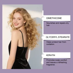 Detail of hair balm ingredients showing keratin and dimethicone for hair repair