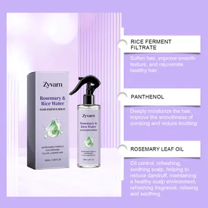 Dettaglio ingredienti dello spray per capelli Zyvarn al rosmarino e acqua di riso cura