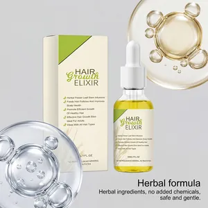 Vista detallada del elixir herbal para el crecimiento del cabello con caja y gota