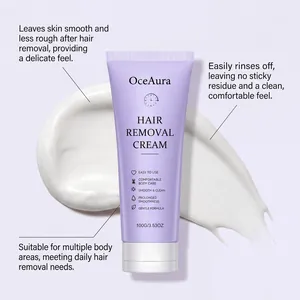 Vue détaillée de la crème dépilatoire OceAura avec texture onctueuse blanche.