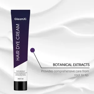 Detailed view of GleamXi hair dye cream tube featuring botanical extracts for DIY care