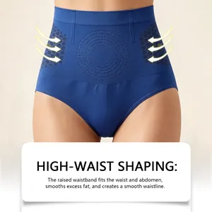 Detailopname van blauw corrigerend ondergoed met hoge taille voor buikcontrole.