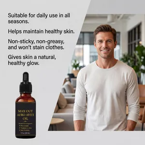 Vista detallada del aceite corporal para hombres con beneficios y modelo masculino