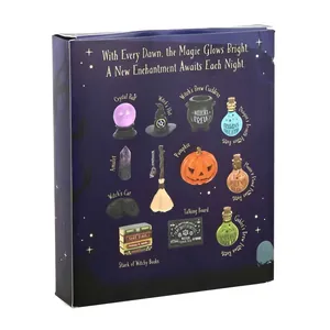 Back view of the 12-Day Halloween Advent Calendar box with various illustrated magical items.