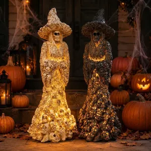 Halloween Figura de Bruja Esqueleto Horror Resina Estatua de Calavera Brillante Gótico Bruja Ornamento Para Decoración de Fiesta