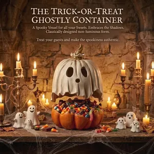 Detailed view of a Halloween ghost pumpkin candy jar filled with colorful treats.