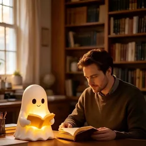 Cozy library scene featuring a cute ghost-shaped reading lamp with a warm glow