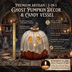 Detailed view of the 2-in-1 ceramic ghost pumpkin lamp and candy bowl for Halloween
