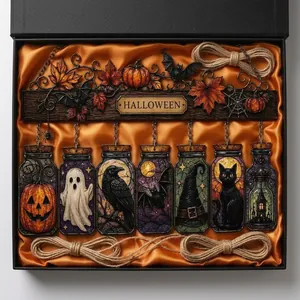Halloween jar acrylic suncatcher set with various spooky festive patterns in a gift box