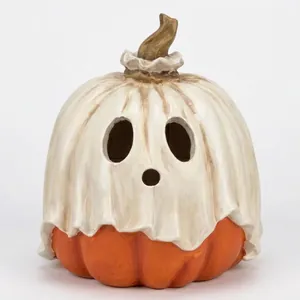 Detailed view of a ghost-draped pumpkin Halloween resin decorative figurine for home