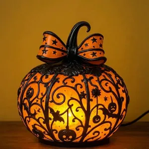 Tiffany Style Halloween Pumpkin Lantern Resin Decorative Lamp Jack-O-Lantern Night Light for Holiday Home Decor Party Ornament