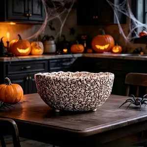 Intricate Halloween skull decorative resin bowl placed on a spooky themed kitchen table