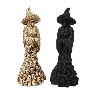 Estatuas góticas de bruja calavera de Halloween en color hueso y negro para decoración